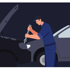 Poster - Mechanic working on car engine in flat style vector art