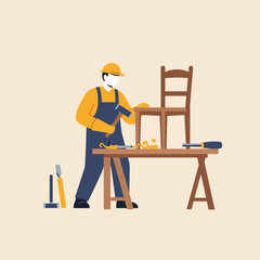 Poster - Carpenter working on wooden chair in flat design vector art