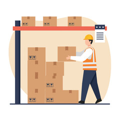 Poster - Worker moving cardboard boxes in flat vector art style for warehouse illustration