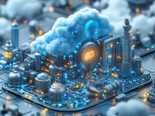Aufkleber - Futuristic Cityscape with Cloudy Sky