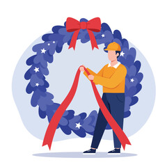 Poster - Man decorating a festive wreath with ribbons in flat vector art