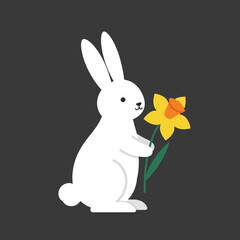 Poster - White rabbit holding a yellow flower in flat vector art style