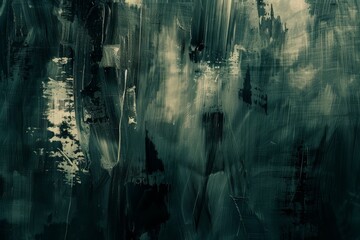 Poster - close-up view of a textured abstract painting with green and white brushstrokes, streaked, streaked 