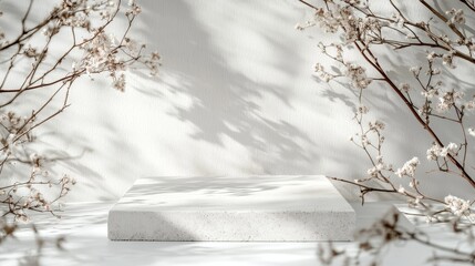 Poster - Soft Shadows Play on a Textured White Surface Surrounded by Delicate White Flowers in a Calming, Minimalistic Setting