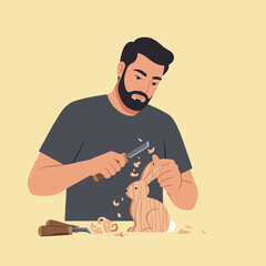 Poster - Woodworker carving a rabbit in flat, minimal vector art style showcasing craftsmanship and creativity