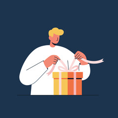 Poster - Person unwrapping a gift with colorful ribbons in flat vector art