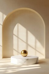 Poster - Elegant Minimalist Interior Featuring a Golden Sphere on a Marble Pedestal Illuminated by Soft Shadows From a Window During Daytime