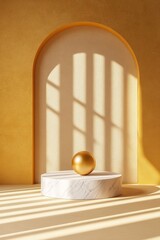 Poster - Elegant Minimalist Interior Featuring a Golden Sphere on a Marble Pedestal Illuminated by Soft Shadows From a Window During Daytime