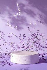 Poster - Elegant Display of Minimalistic Design Featuring a Round Pedestal and Delicate White Botanical Elements in Soft Purple Light