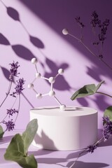 Poster - Elegant Display of Minimalistic Design Featuring a Round Pedestal and Delicate White Botanical Elements in Soft Purple Light