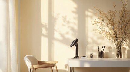 Poster - Stylish Interior With Light and Shadow Patterns Created by a Hairdryer and Plant Decorations Against a Simple Wall