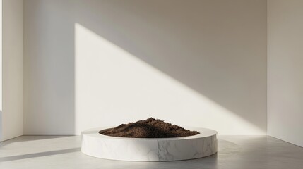 Poster - Artistic Display of Granulated Material Illuminated by Sunlight in a Minimalist Space Showcasing a Mountain of Black Substance