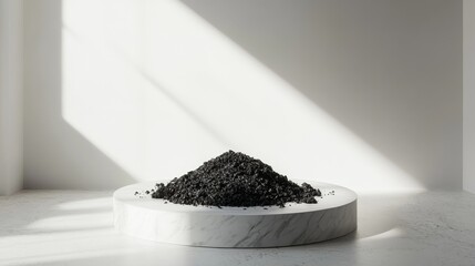 Poster - Artistic Display of Granulated Material Illuminated by Sunlight in a Minimalist Space Showcasing a Mountain of Black Substance