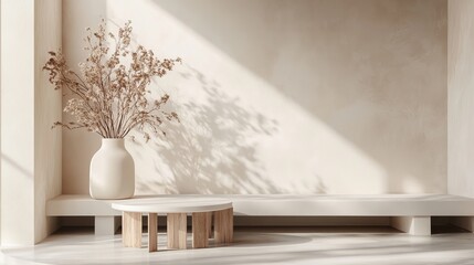 Poster - Minimalist Interior Featuring a Vase With Dried Flowers and a Wooden Table Under Soft Sunlight in a Serene Room