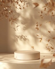 Poster - Elegant Display Podium Surrounded by Delicate Foliage in Warm Lighting, Creating a Serene Atmosphere Perfect for Showcasing Products or Art