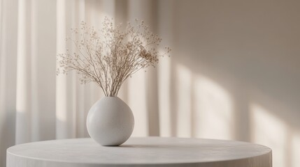 Poster - Minimalist Interior Featuring a Vase With Dried Flowers and a Wooden Table Under Soft Sunlight in a Serene Room