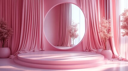 Poster - Elegant Pink Interior Featuring a Circular Mirror and Luxurious Curtains With Natural Plants Basking in Soft Light