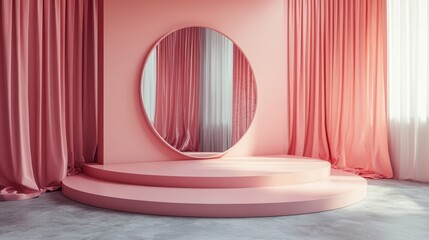 Poster - Elegant Pink Interior Featuring a Circular Mirror and Luxurious Curtains With Natural Plants Basking in Soft Light