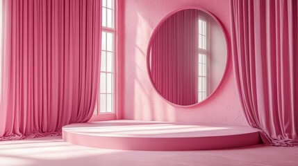 Poster - Elegant Pink Interior Featuring a Circular Mirror and Luxurious Curtains With Natural Plants Basking in Soft Light