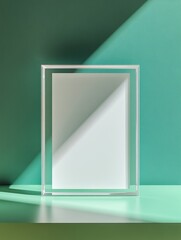 Poster - Minimalist Display Featuring a Clear Glass Panel on a Light Surface Against a Pastel Green Wall Showcasing Modern Design Elements