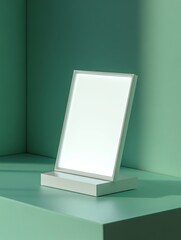 Poster - Minimalist Display Featuring a Clear Glass Panel on a Light Surface Against a Pastel Green Wall Showcasing Modern Design Elements