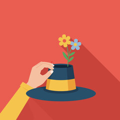 Poster - Hand holding a magicians hat with flowers in flat vector art