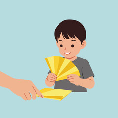 Poster - Child receiving colorful fan from adult in flat vector illustration