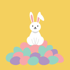 Poster - Cute bunny sitting on colorful eggs in flat design vector art