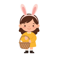 Poster - Cute girl wearing bunny ears holding a basket in flat vector art