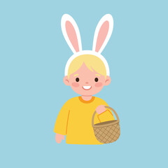 Poster - Happy child wearing bunny ears with basket in flat vector art style