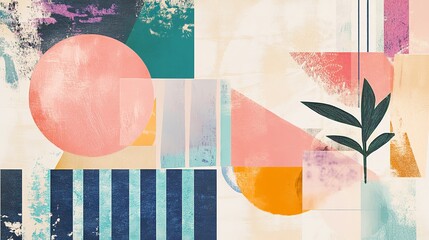 Poster - Abstract geometric art print poster design with circle shapes and botanical leaf illustration 