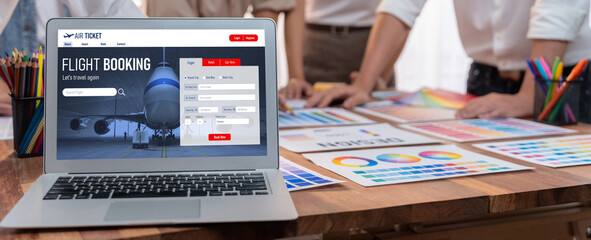 Poster - Online flight booking website provide brisk reservation system . Travel technology concept .