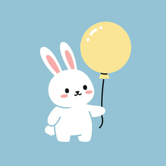 Poster - Cute bunny holding a yellow balloon in flat style vector art
