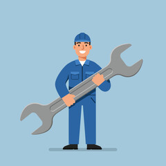 Poster - Mechanic holding large wrench in flat design style vector art
