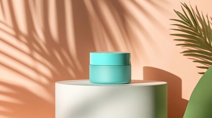 Poster - Container With Cream Placed on a Pedestal Against Colorful Background With Soft Shadows During Midday Light