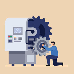 Poster - Mechanic working on large gear in flat style vector illustration
