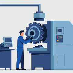 Poster - Worker operating machinery in a factory setting with flat design vector art