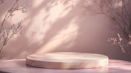 Poster - Circular Podium Rests on a Textured Surface Surrounded by Soft Blurred Background and Delicate Branches Creating a Serene Atmosphere