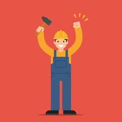 Poster - Happy construction worker celebrating success in flat vector art style vector illustration