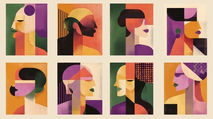 Poster - Colorful Abstract Art Pieces Displayed in a Modern Gallery Featuring Geometric Shapes and Stylized Figures