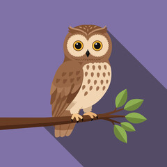 Poster - Cute owl sitting on a branch in flat vector art style with vibrant colors