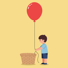 Poster - Child holding a red balloon near a basket in flat vector art