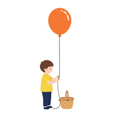 Poster - Child holding orange balloon with basket in flat and minimal vector art
