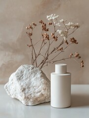 Poster - Elegant Minimalist Design Featuring a White Ceramic Bottle Beside a Textured Stone and Delicate Dried Flowers on a Light Background
