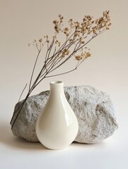 Poster - Elegant Minimalist Design Featuring a White Ceramic Bottle Beside a Textured Stone and Delicate Dried Flowers on a Light Background