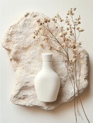 Poster - Elegant Minimalist Design Featuring a White Ceramic Bottle Beside a Textured Stone and Delicate Dried Flowers on a Light Background