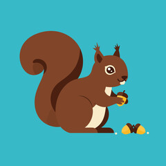 Poster - Cute brown squirrel holding an acorn in flat vector art style
