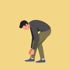 Poster - Man bending down tying shoes in flat, minimal style vector art
