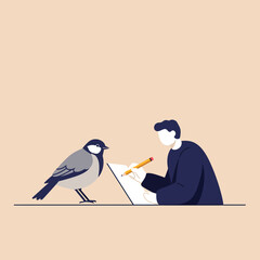 Poster - Man drawing a bird in a minimal flat design style vector illustration
