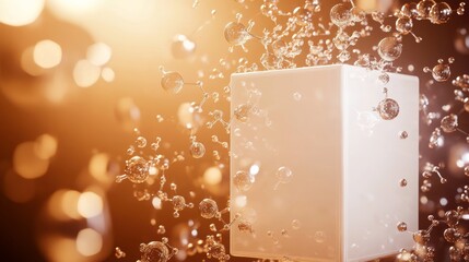 Poster - Visual Display of a White Cuboid Structure Surrounded by Bubbles in a Warm, Glowing Environment Showcasing a Minimalist Design Concept